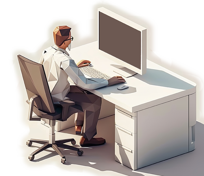 Low-poly illustration of a developer working at a computer — representing OpIntellect's hands-on approach to AI solutions